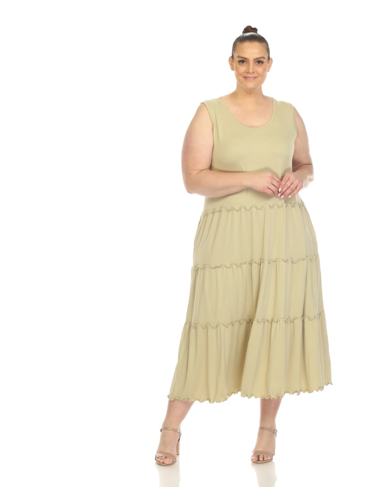 Front of a model wearing a size 2X Scoop Neck Tiered Maxi Dress in Pale Olive by White Mark. | dia_product_style_image_id:274952